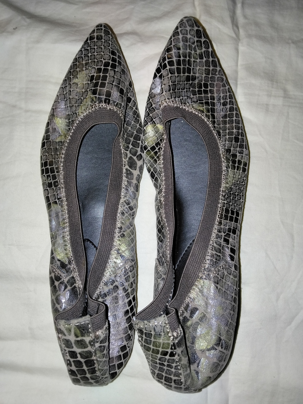 Isola Gray Snake-Print Pointed Toe Flats
